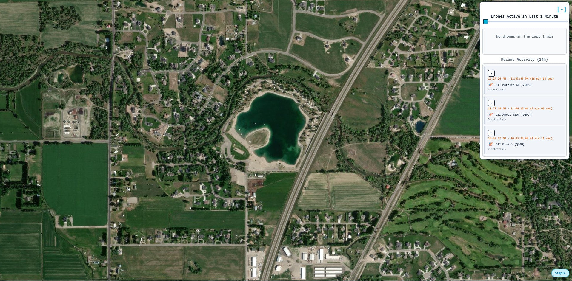 Simple UI mode — aerial map and recent activity